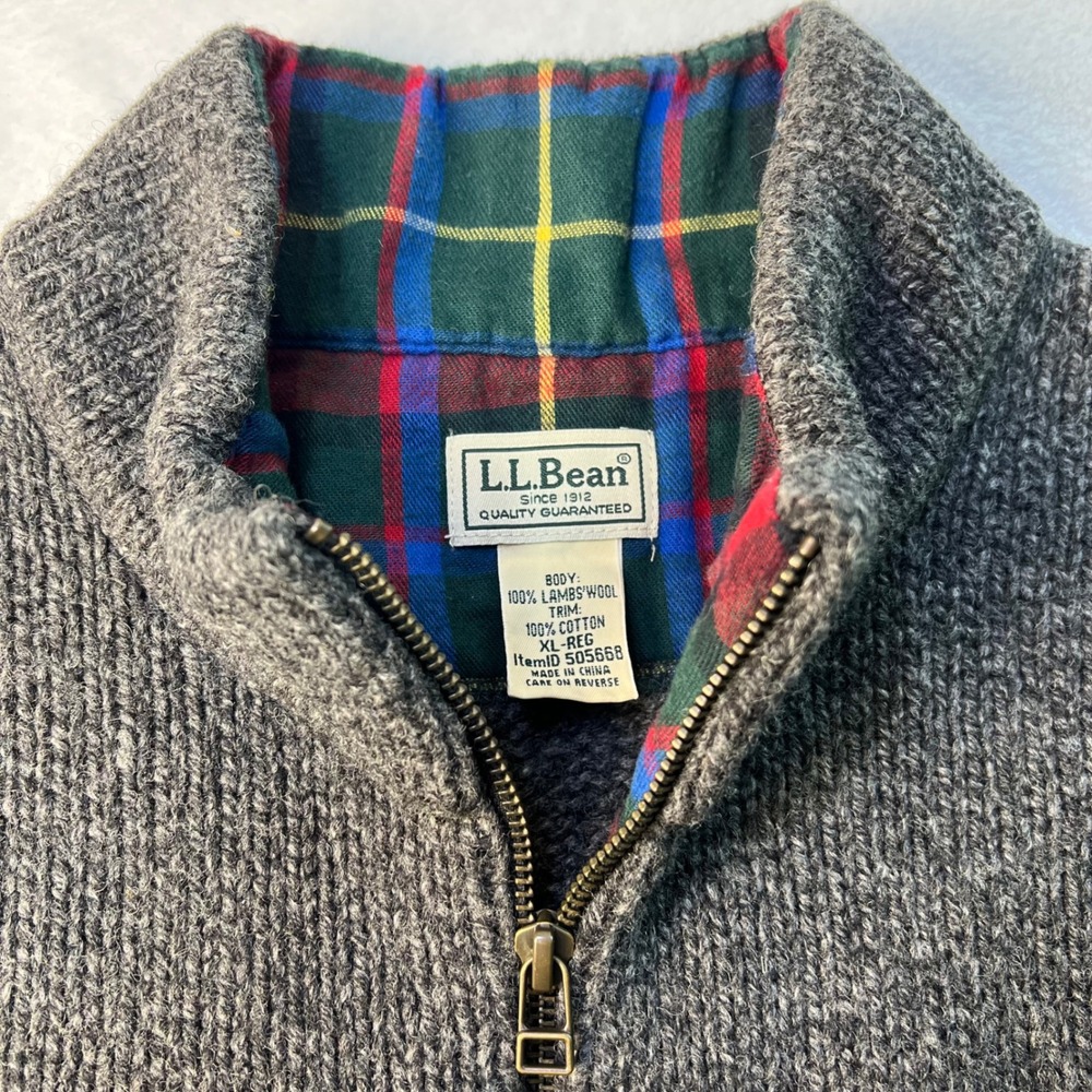 LL Bean Quarter Zip Sweater Men XL Gray Lambswool Plaid Trim Kangaroo Pockets